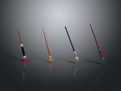 Magical Wands Featuring Various Colors Decorative Designs Top Balls Stripes And Wooden Handles 3d model