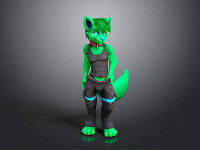 Green Fur Anthropomorphic Wolf Character With Gray Tank Top Dark Pants And Blue Lines 3d model