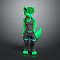 Green Fur Anthropomorphic Wolf Character With Gray Tank Top Dark Pants And Blue Lines