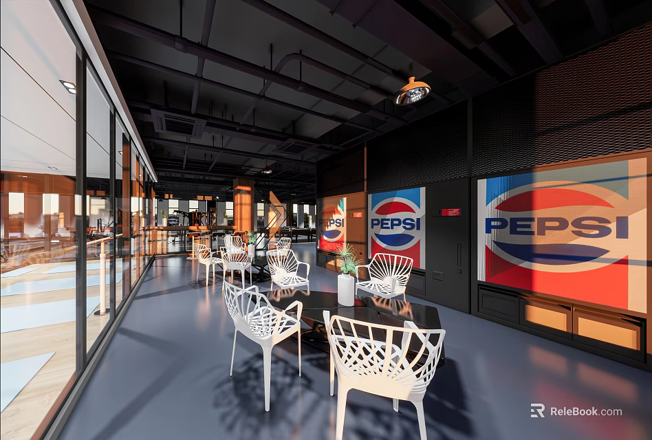 Modern Fitness Gym Interior With Spacious Layout Workout Equipment And Pepsi Branding 3d model 