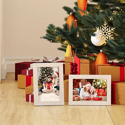 Christmas Photo Frames With Family Pictures Near Decorated Christmas Tree And Gift Boxes 3d model