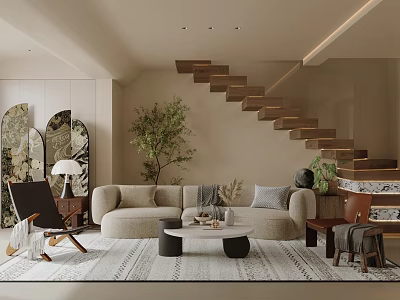 Modern Living Room With Beige Sofa Round Coffee Table Green Plant Decorative Mirrors And Staircase 3d model
