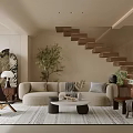 Modern Living Room With Beige Sofa Round Coffee Table Green Plant Decorative Mirrors And Staircase