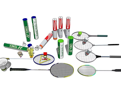 Assorted Badminton Sports Equipment With Rackets Shuttlecocks And Colorful Tubes 3d model