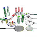 Assorted Badminton Sports Equipment With Rackets Shuttlecocks And Colorful Tubes