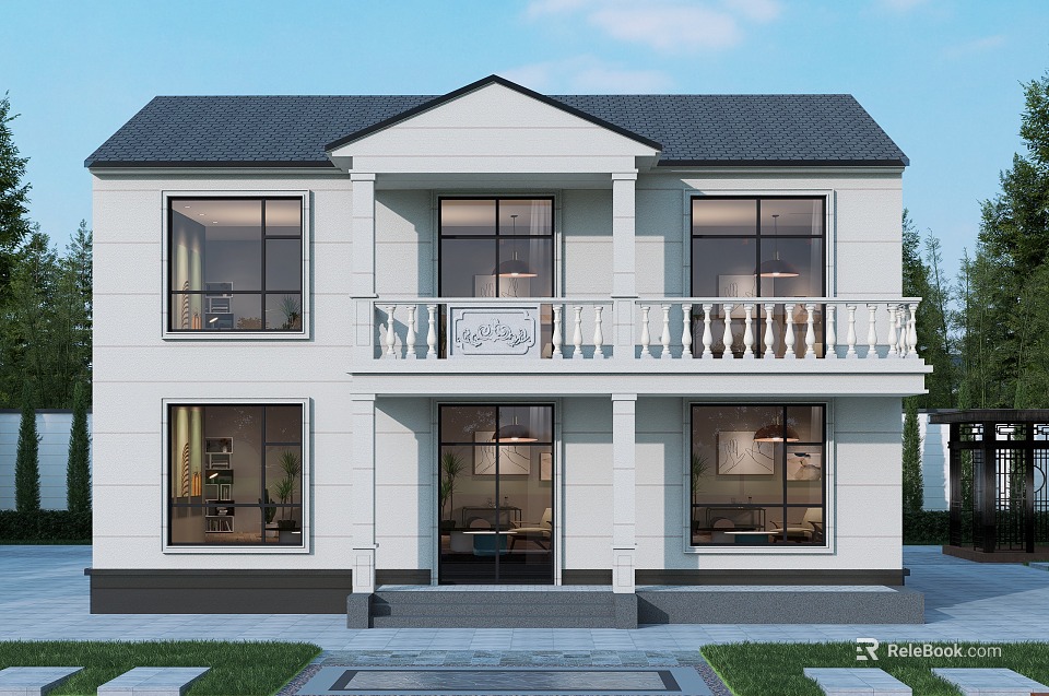 Two Story Detached Villa With White Exterior Black Roof Front Balcony White Railing Green Lawn 3d model 
