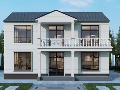 Two Story Detached Villa With White Exterior Black Roof Front Balcony White Railing Green Lawn 3d model