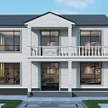 Two Story Detached Villa With White Exterior Black Roof Front Balcony White Railing Green Lawn