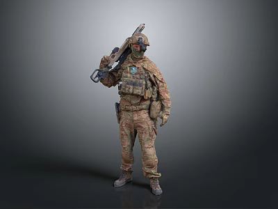 Man Wearing Camouflage Uniform Carrying Rifle With Tactical Gear And Helmet 3d model