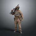 Man Wearing Camouflage Uniform Carrying Rifle With Tactical Gear And Helmet