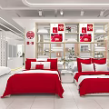 Modern Shopping Mall Store With White Reception Desk Display Shelves Bedding And Green Plants Interior