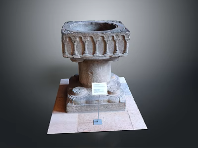 Ancient Stone Carved Pedestal With Intricate Columns And Information Plaque 3d model