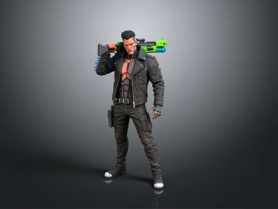 Tattooed Cyberpunk Game Character Wearing Black Leather Jacket With Large Gun And Green Blue Accents 3d model
