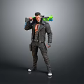 Tattooed Cyberpunk Game Character Wearing Black Leather Jacket With Large Gun And Green Blue Accents