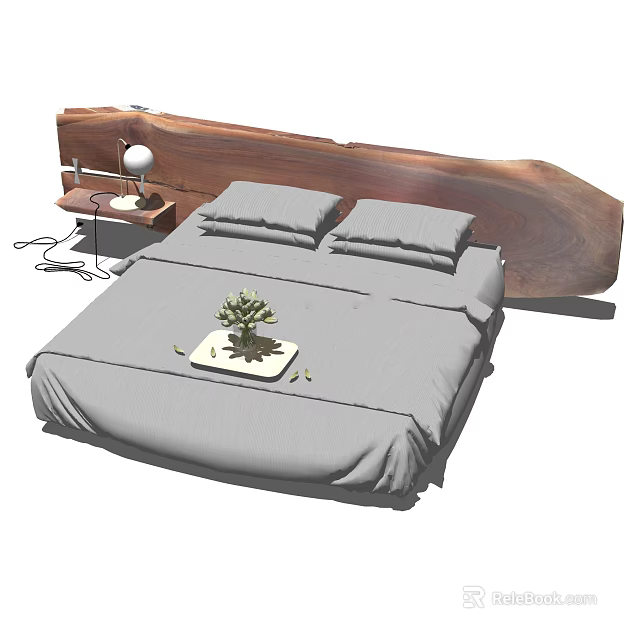 Double Bed with Wooden Headboard Bedside Table Lamp Gray Bedding Pillows and Small Plant 3d model 
