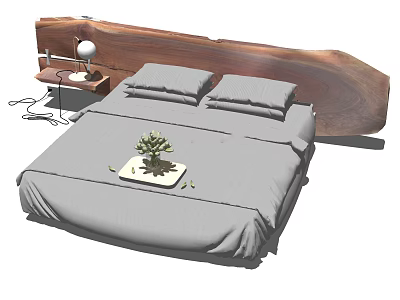 Double Bed with Wooden Headboard Bedside Table Lamp Gray Bedding Pillows and Small Plant 3d model