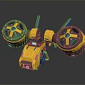 Yellow Black Futuristic Flying Robot With Large Circular Propellers And Mechanical Structure