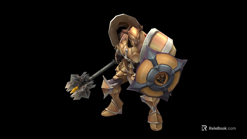 Game and Movie Warrior Character in Golden Armor with Hat Spear and Shield 3d model 