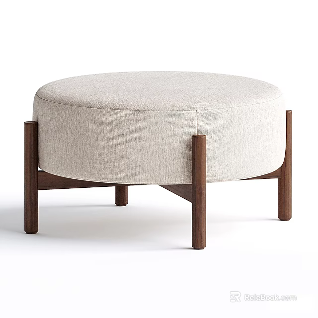 Stylish Round Beige Upholstered Shoe Stool With Wooden Legs For Home Entryway 3d model 