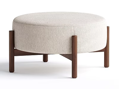 Stylish Round Beige Upholstered Shoe Stool With Wooden Legs For Home Entryway 3d model