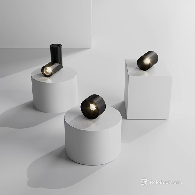 Modern Black Downlights and Spotlights on White Display Bases with Warm Lighting 3d model 