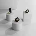 Modern Black Downlights and Spotlights on White Display Bases with Warm Lighting