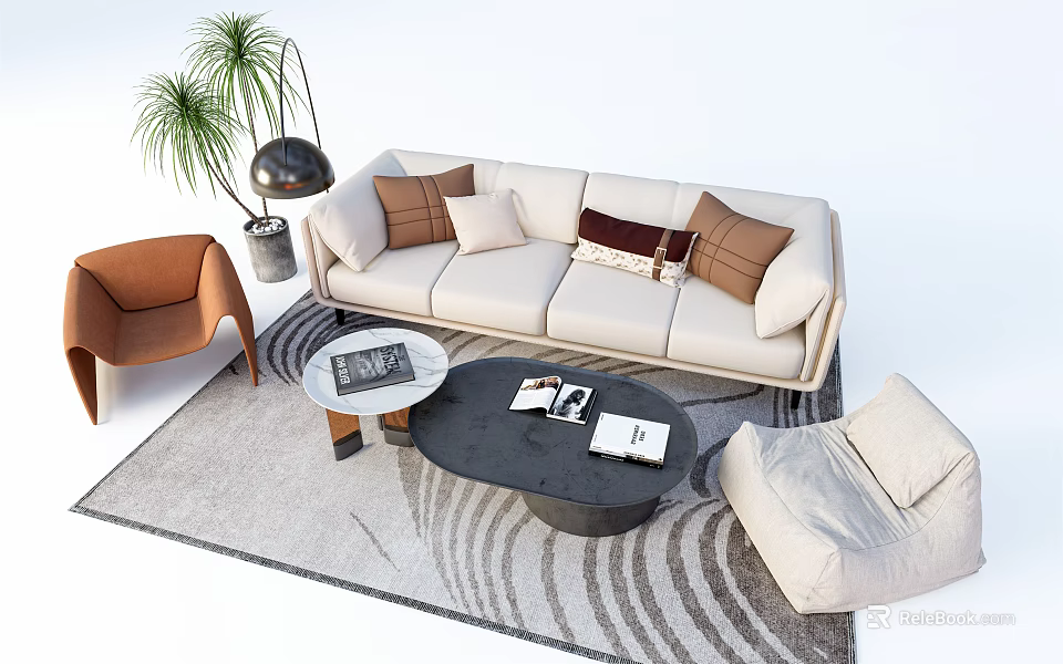 Modern Beige Sofa and Coffee Table Set with Textured Pillows Patterned Rug Accent Chair and Floor Plant 3d model 