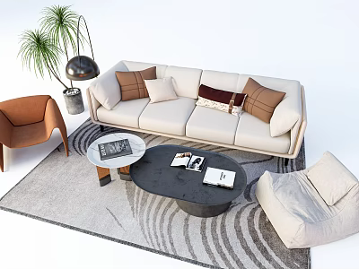Modern Beige Sofa and Coffee Table Set with Textured Pillows Patterned Rug Accent Chair and Floor Plant 3d model