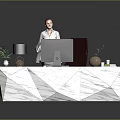 Modern Reception Desk with Marble Top Computer Lamp Green Plant and Black Chair in Office