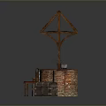 Ancient Wooden Well Structure With Brick Red Cushioned Chair Trunk Green Plants And Stone Pavement