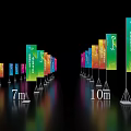 Colorful Vertical Banners With Various Heights 5m 7m 10m On Black Background And Reflections