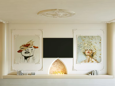 Elegant White TV Wall Design With Decorative Paintings Fireplace And Ornate Details 3d model