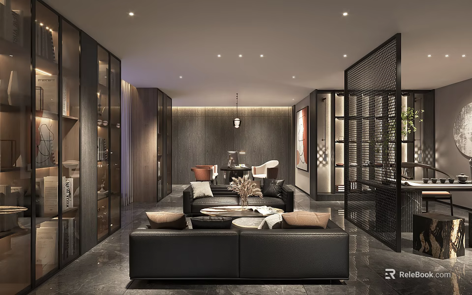 Modern Office Interior Design With Black Sofa Coffee Table And Bookshelves 3d model 
