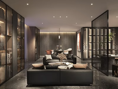 Modern Office Interior Design With Black Sofa Coffee Table And Bookshelves 3d model