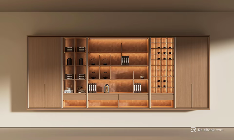 Modern Wooden Tea Cabinet With Multiple Shelves Displaying Tea Sets And Storage Compartments 3d model 