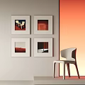 Four Square Abstract Paintings White Framed With White Chair Against Orange Gradient Background