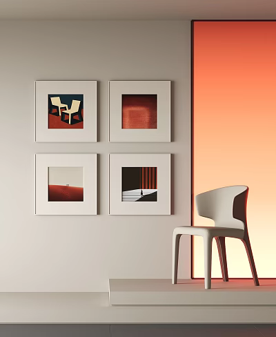 Four Square Abstract Paintings White Framed With White Chair Against Orange Gradient Background 3d model
