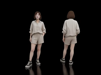 Woman In Light Colored Shirt And Shorts With Sneakers Front Back View On Black Background 3d model