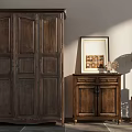 Classic Wooden Chest of Drawers with Tall Wardrobe Framed Picture and Floor Lamp