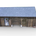 Rustic Wooden Cabin with Blue Roof and Surrounding Wooden Fence Exterior