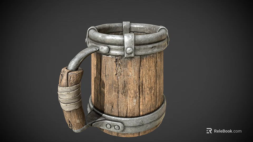 Rustic Wooden Mug with Metal Hoops and Sturdy Wooden Handle for Daily Use 3d model 