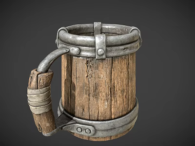 Rustic Wooden Mug with Metal Hoops and Sturdy Wooden Handle for Daily Use 3d model