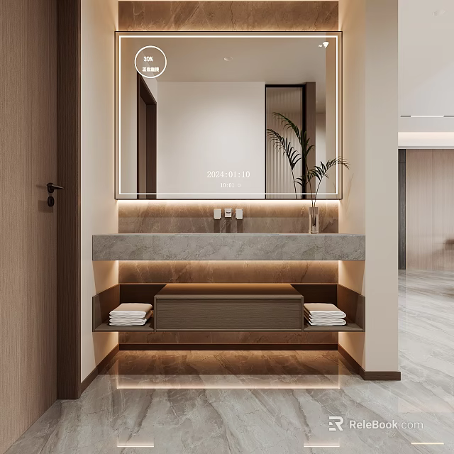 Modern Bathroom Vanity with Marble Countertop Backlit Mirror Potted Plant and Shelves Holding Towels 3d model 