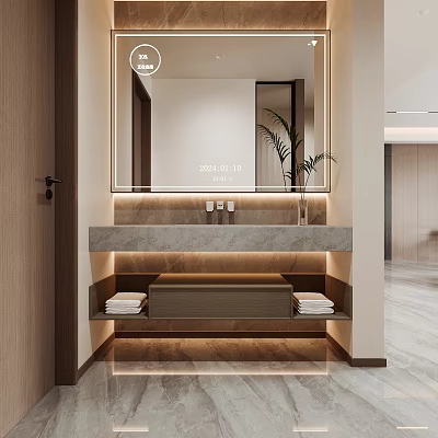 Modern Bathroom Vanity with Marble Countertop Backlit Mirror Potted Plant and Shelves Holding Towels 3d model