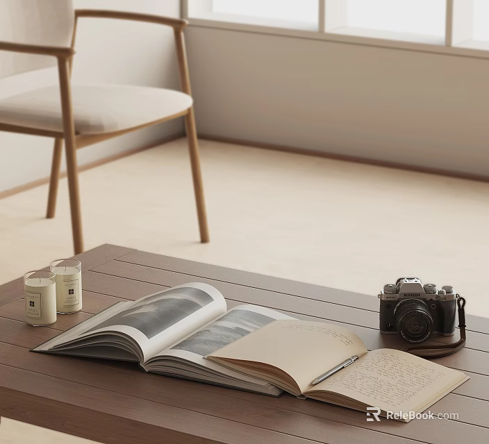Decorative Ornament Set on Brown Table with Open Book Candles and Vintage Camera 3d model 
