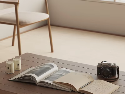 Decorative Ornament Set on Brown Table with Open Book Candles and Vintage Camera 3d model