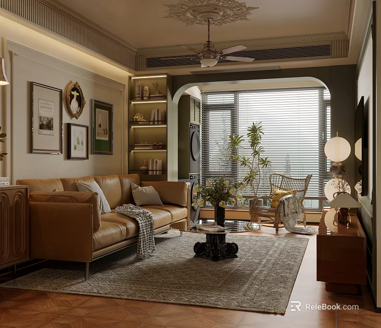 Warm Living and Dining Room Interior With Brown Leather Sofa Decorative Paintings and Potted Plant 3d model 