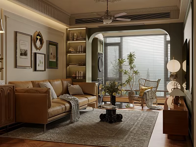 Warm Living and Dining Room Interior With Brown Leather Sofa Decorative Paintings and Potted Plant 3d model