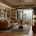 Warm Living and Dining Room Interior With Brown Leather Sofa Decorative Paintings and Potted Plant