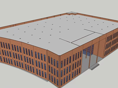 Red Brick Building With Flat Roof Numerous Windows And Entrance Area 3d model
